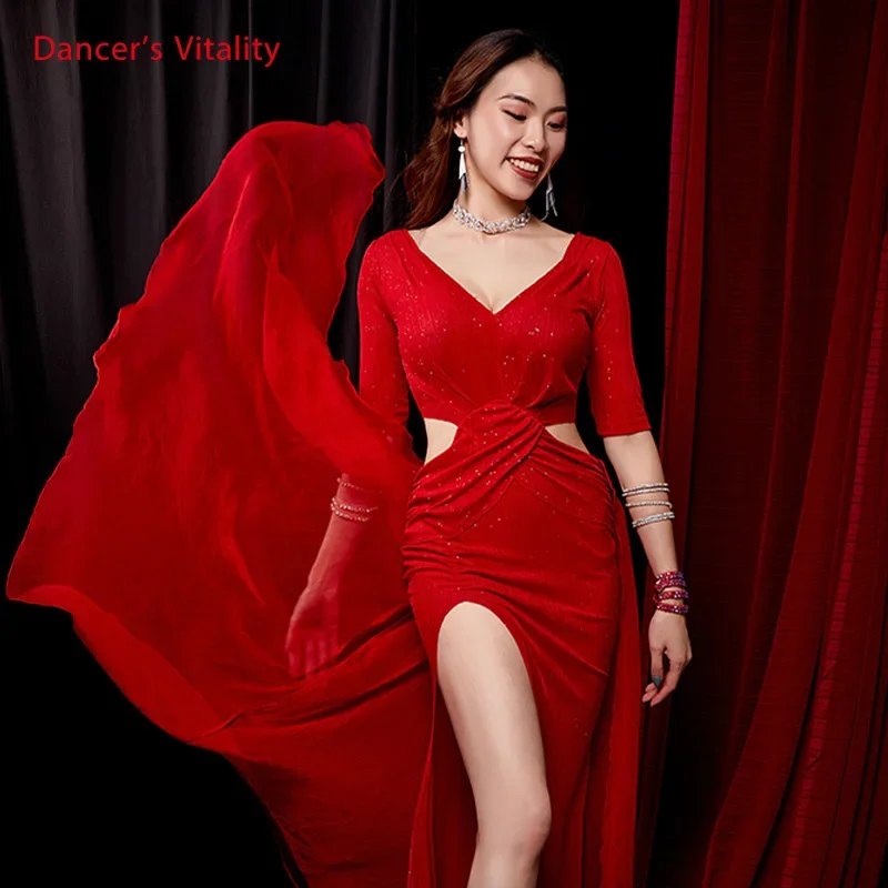 Tanzrock mit Haftärmeln, Kleid für Damen, Bauchtanz, orientalischer Tanz, Praxis, Spandex-Kostüm, Blau, Rot, Größe L