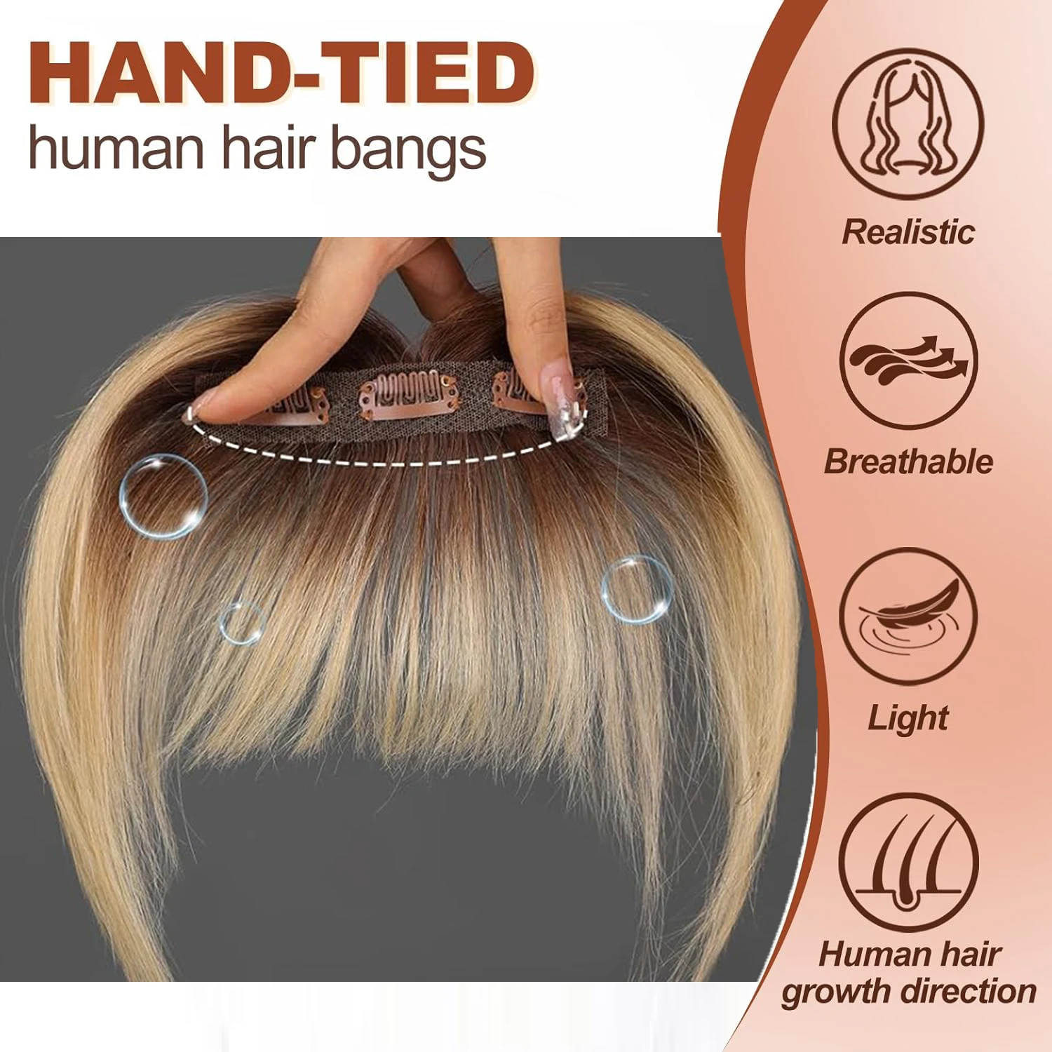 Ombre สีบลอนด์คลิป Bangs 100% ผมมนุษย์จริง Bangs Wispy Bangs ผมชิ้น 3 Secure คลิป Full Fringe ปลอม Bangs