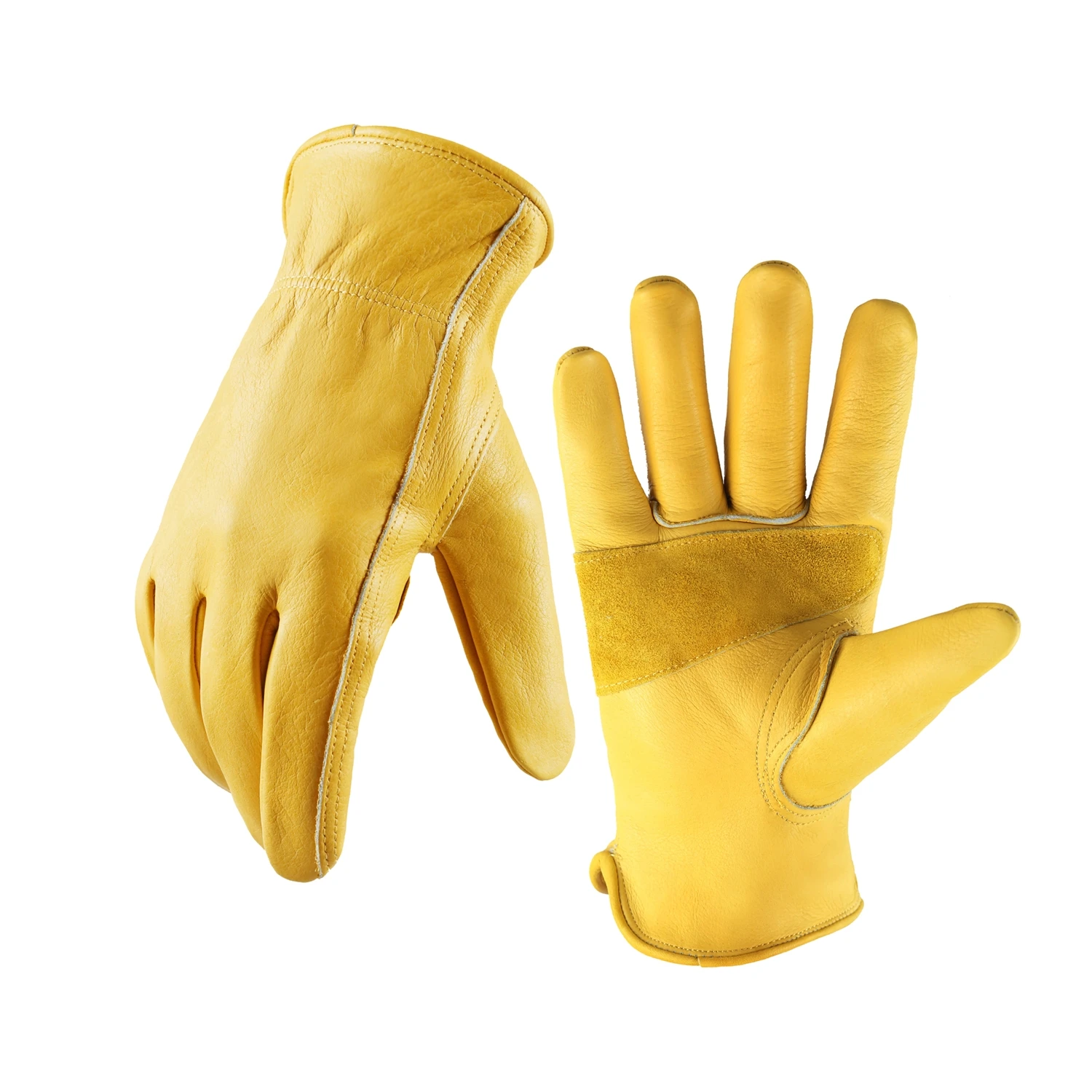 Tough Cowhide Leather Work Gloves with Stretchable Wrist Knit Wrist Canvas Backing Resistant Safety Gloves for Working