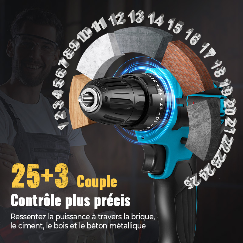 Perceuse à percussion sans fil 28V, tournevis électrique rechargé haute puissance, outils de perceuse à percussion électrique avec 2 batteries