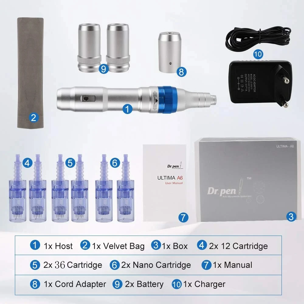 Ultima dr pen a6 original com 6 cartuchos, kit de ferramentas elétricas sem fio para cuidados com a pele, mesoterapia automática, máquina de beleza