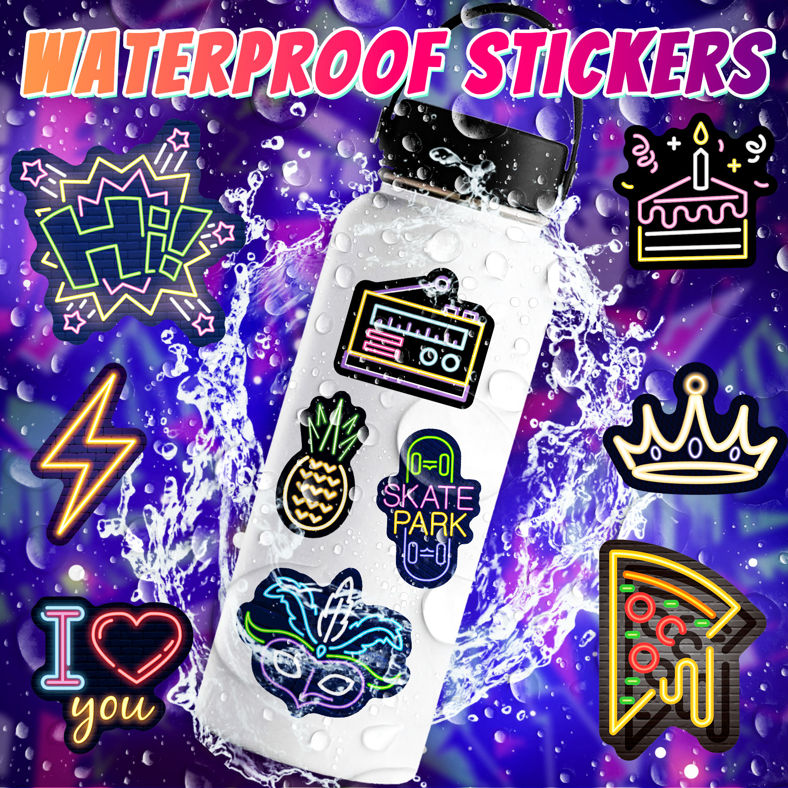 50 pçs à prova dwaterproof água néon graffiti adesivos conjunto para guitarra skate carro telefone brinquedo criativo dos desenhos animados decoração notebook