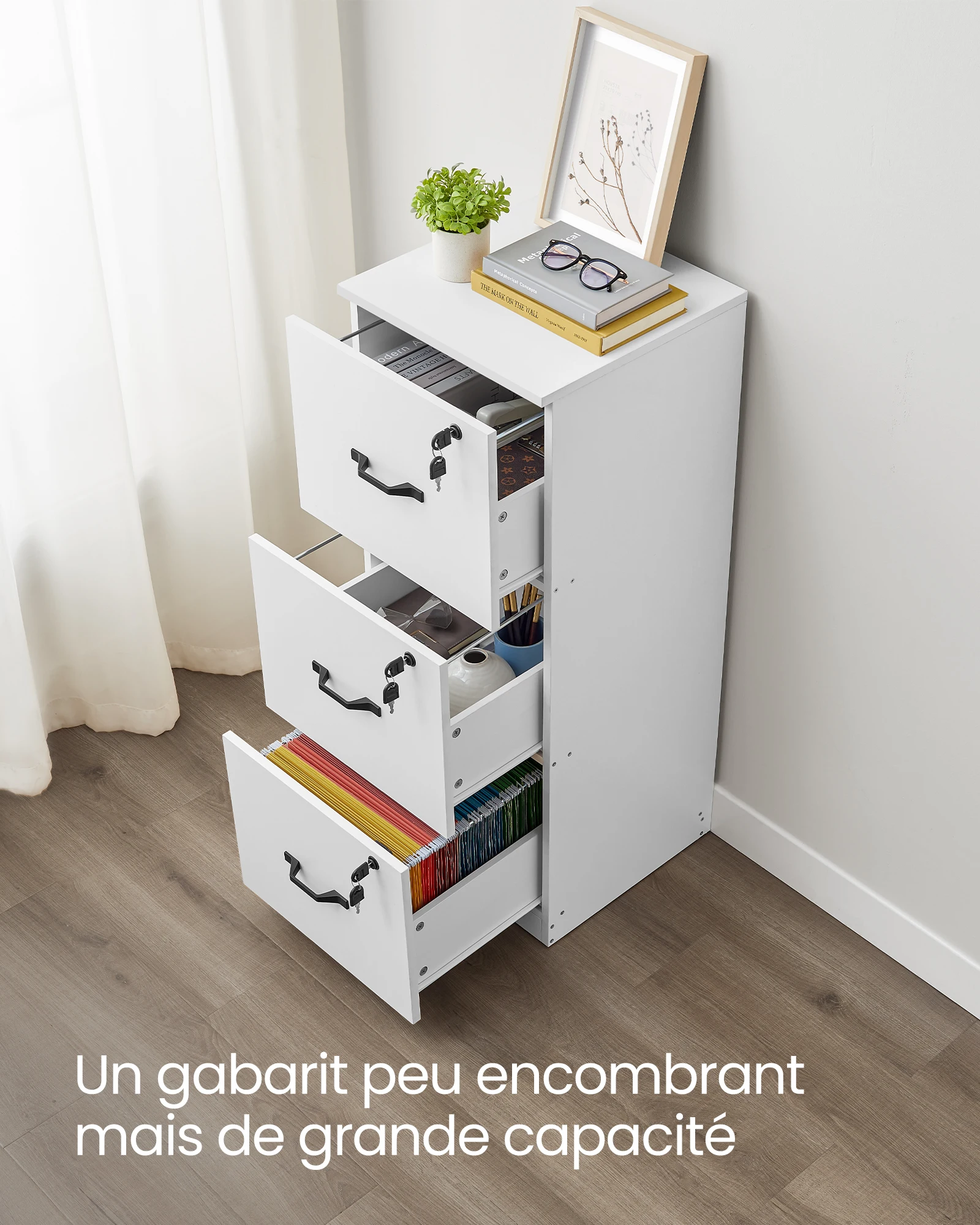VASAGLE Caisson de Bureau à 3 Tiroirs, Meuble de Rangement de Document, Support d’Imprimante, 3 Tiroirs Verrouillables, Rail de Suspension Réglable, pour Dossiers A4