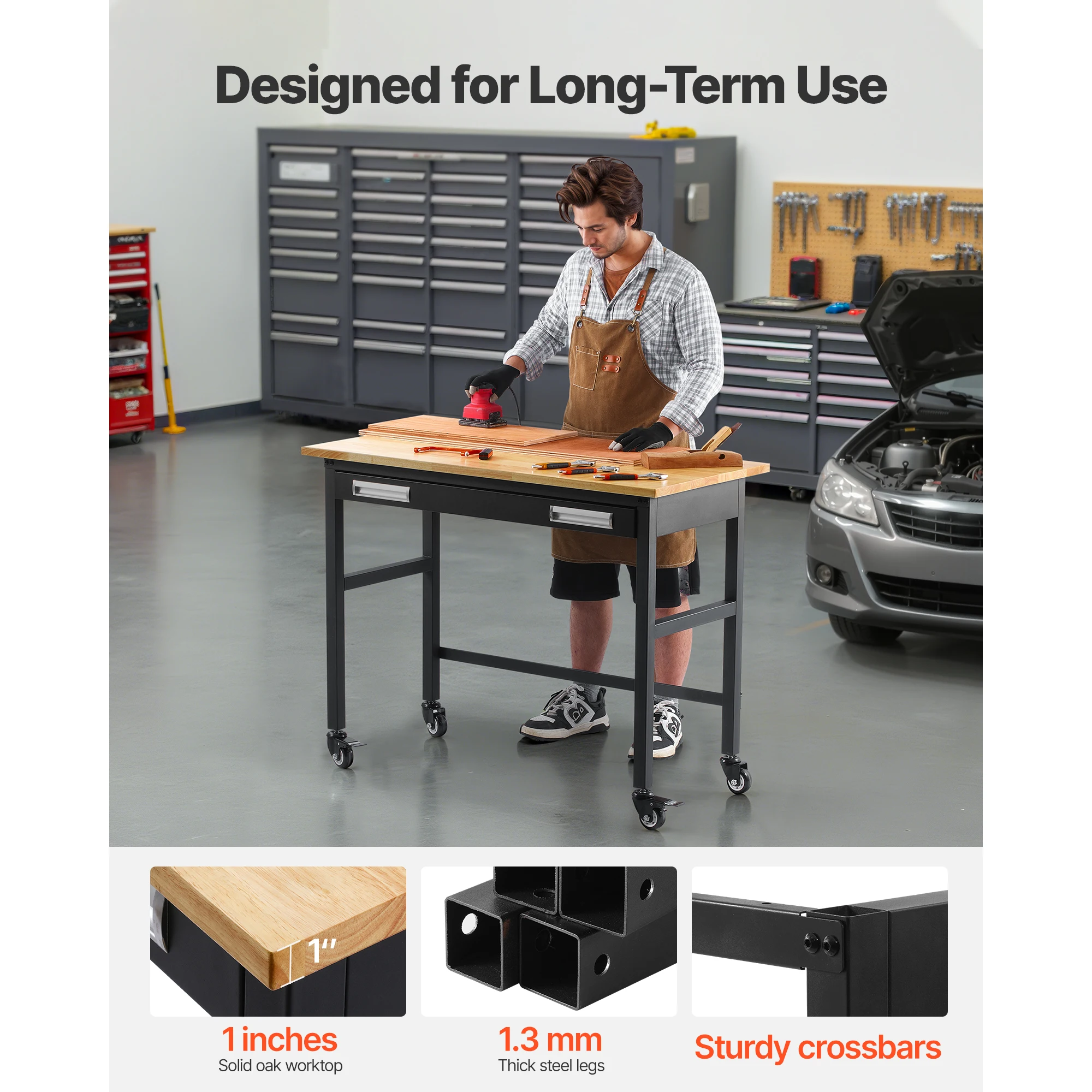 SucceBuy 1500 lbs Work Bench Rolling Garage Workbench on Wheels with Sliding Drawer Storage Oak Wood Top Work Table for Workshop