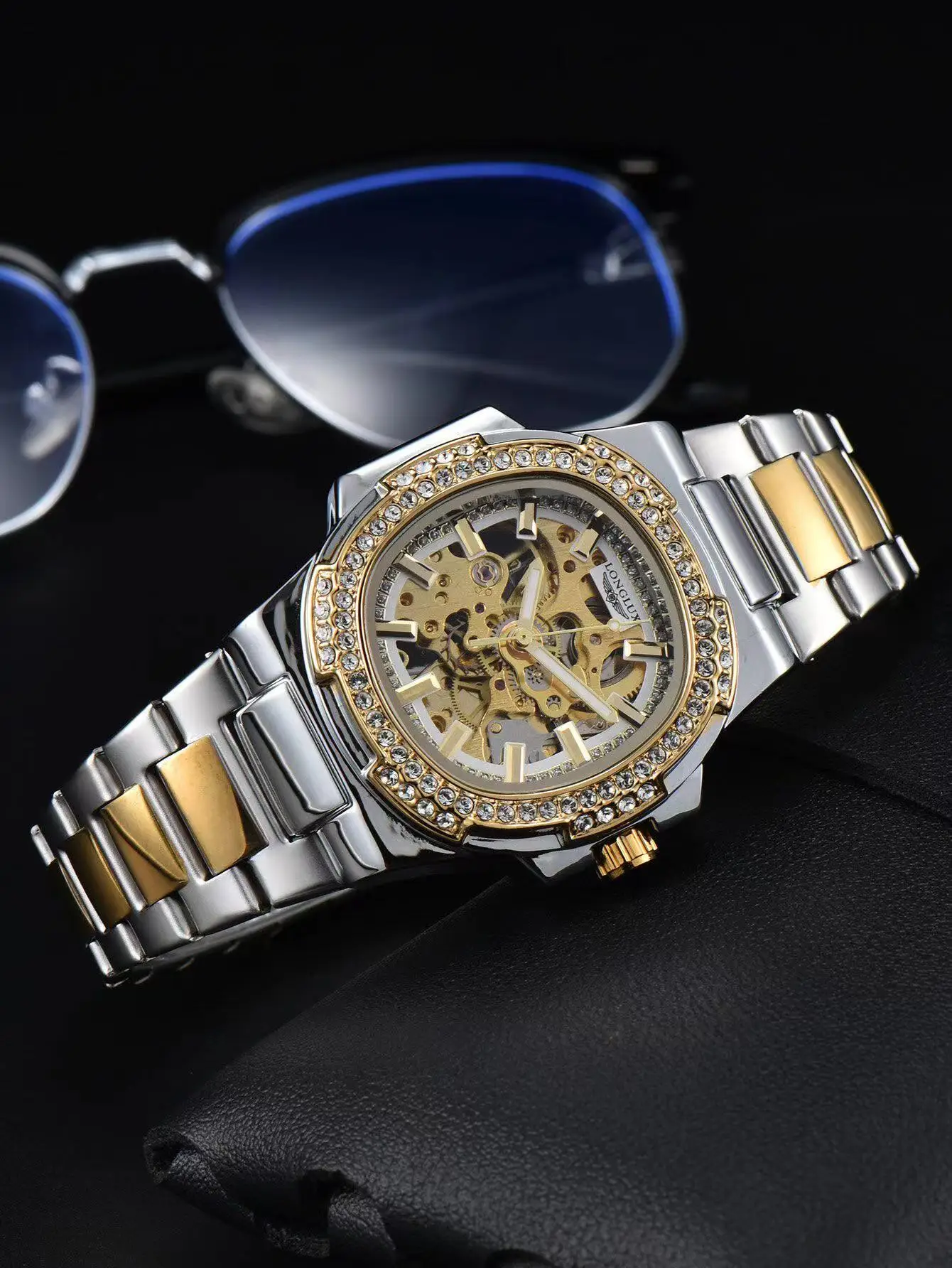 Reloj LONGLUX automático para hombre, relojes de pulsera mecánicos de lujo de acero inoxidable al por mayor, reloj esqueleto resistente al agua con diamantes, reloj para hombre