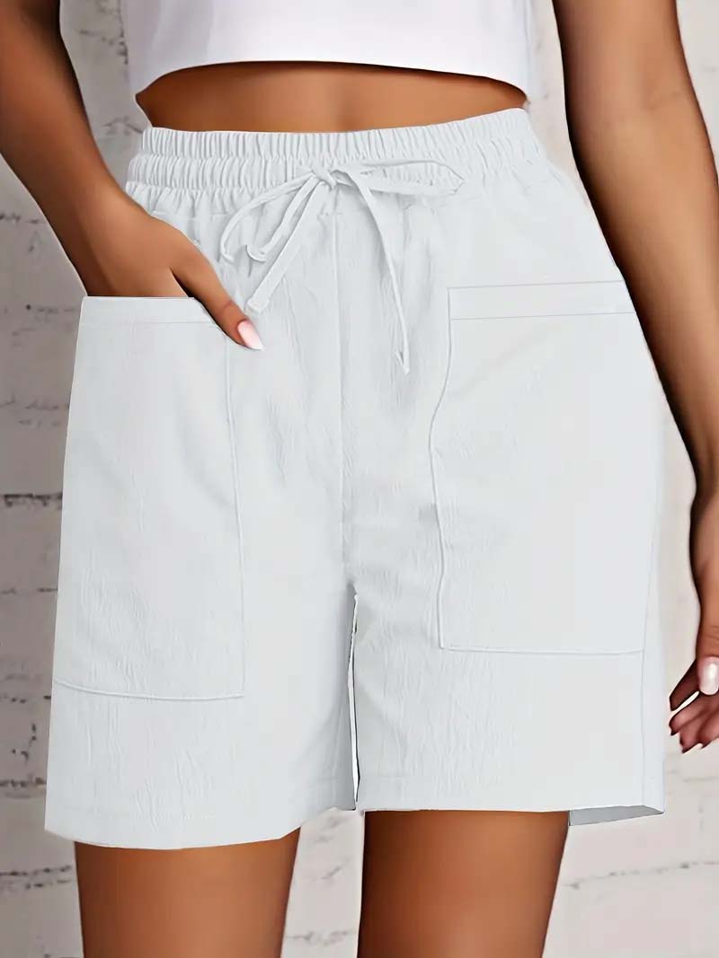 Short d'été taille haute de 4 pouces pour femmes, short décontracté coupe ample avec poches, bermuda de couleur unie pour tenues
