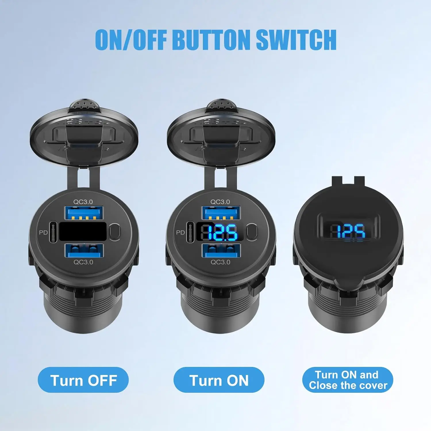 12V Usb Car Charger Power Socket QC3.0 and PD Port Fast Charging Charger Adapter with Switch for Car Motorcycle RV