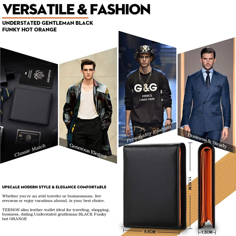 Carteras para hombre con bloqueo RFID delgado de cuero genuino con bolsillo para monedas 2 compartimentos para billetes 10 tarjeteros cartera para hombre