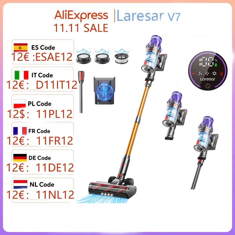 Laresar V7 500W 50000PA Aspirapolvere senza fili con potenza di aspirazione Elettrodomestico intelligente portatile Batteria rimovibile Tazza per la polvere