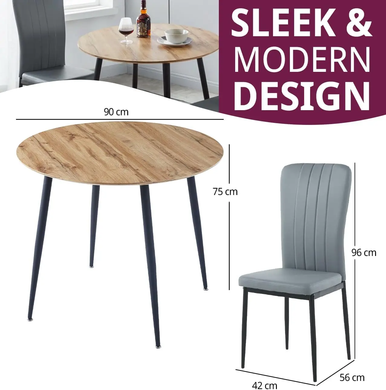 Furniture Cullompton Small Round Dining Table and Chairs Set 2, Wooden Dining Table with Oak Effect Top and Grey Faux