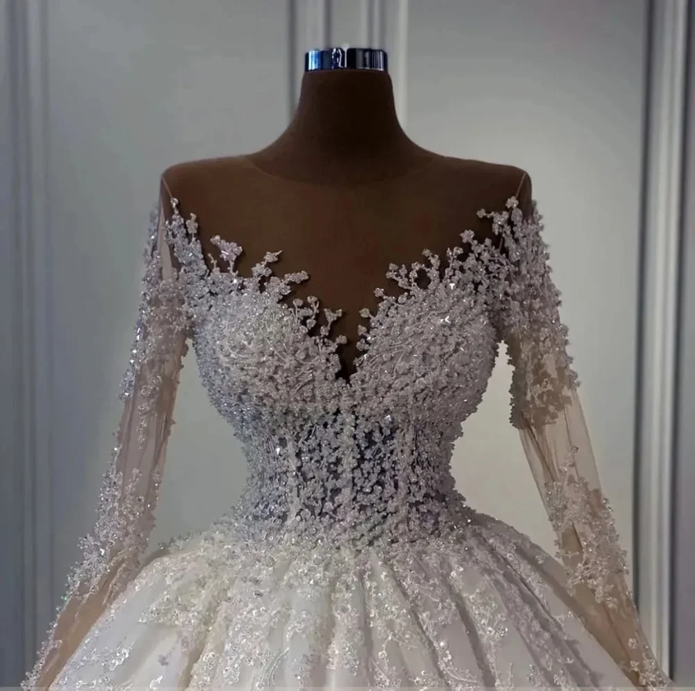 Flavinke Abiti da sposa linea A maniche lunghe con scollo a V in pizzo setoso elegante personalizzato 2025 Abiti da sposa in pelle marrone con perle di perline