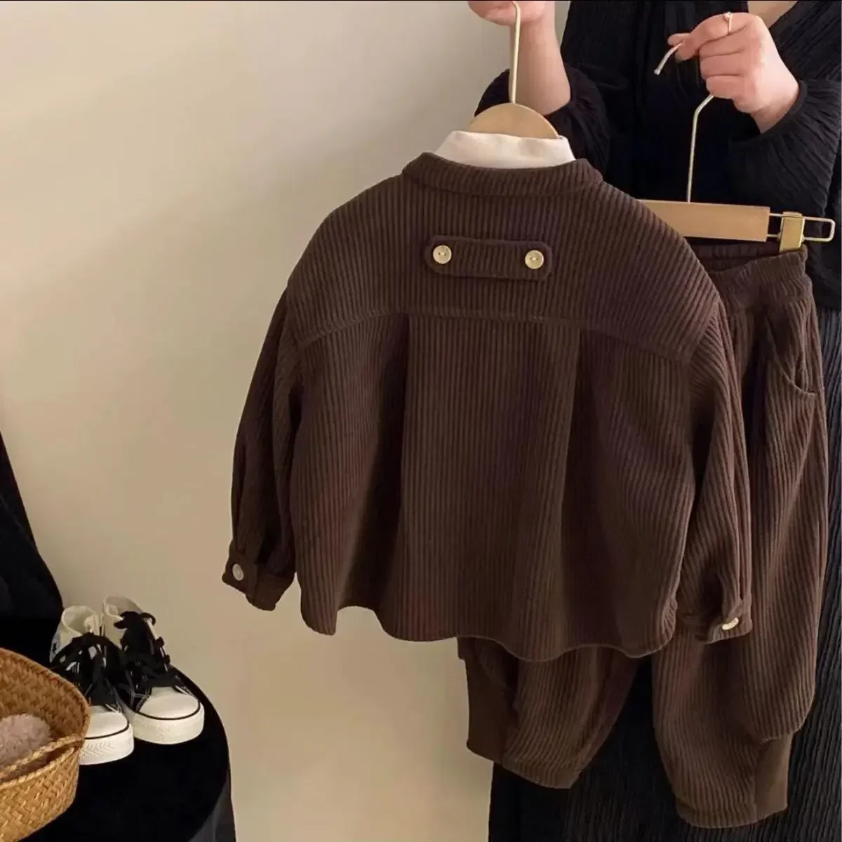 Conjunto de pana coreana con cuello levantado para niños y niñas, Top con una botonadura y pantalones, conjunto informal de dos piezas para primavera y otoño