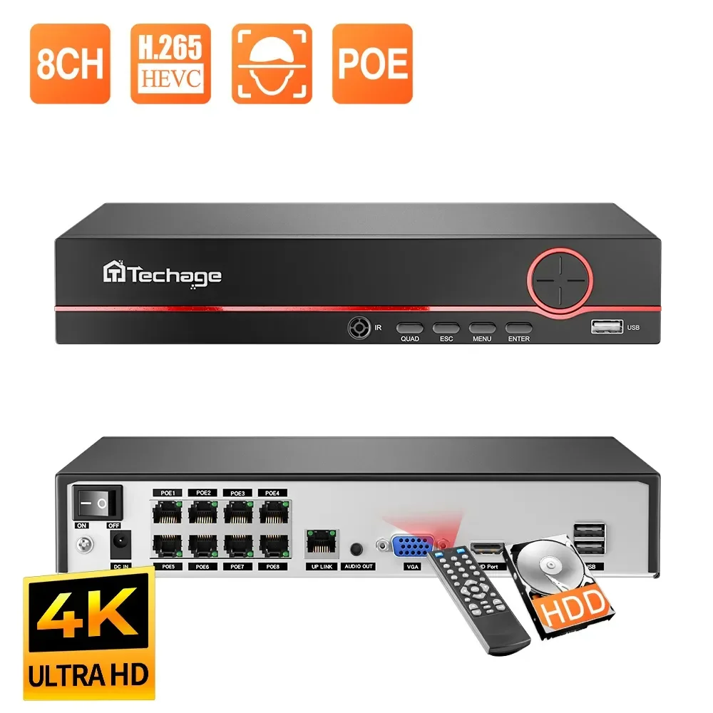 Techage H.265 8CH 4K 2K POE NVR Сетевой видеорегистратор безопасности до 16CH для системы видеонаблюдения POE IP-камера Recorder