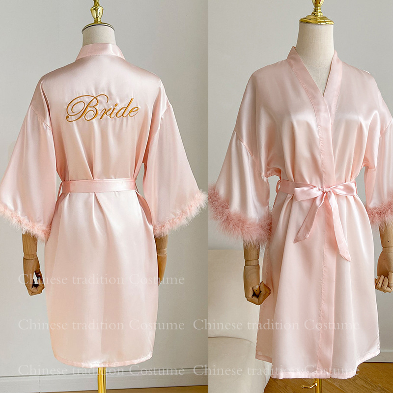 Bata de novia blanca con plumas, bata de satén para mujer, vestidos tipo kimono sexis para damas de honor, albornoz corto, lencería íntima nupcial