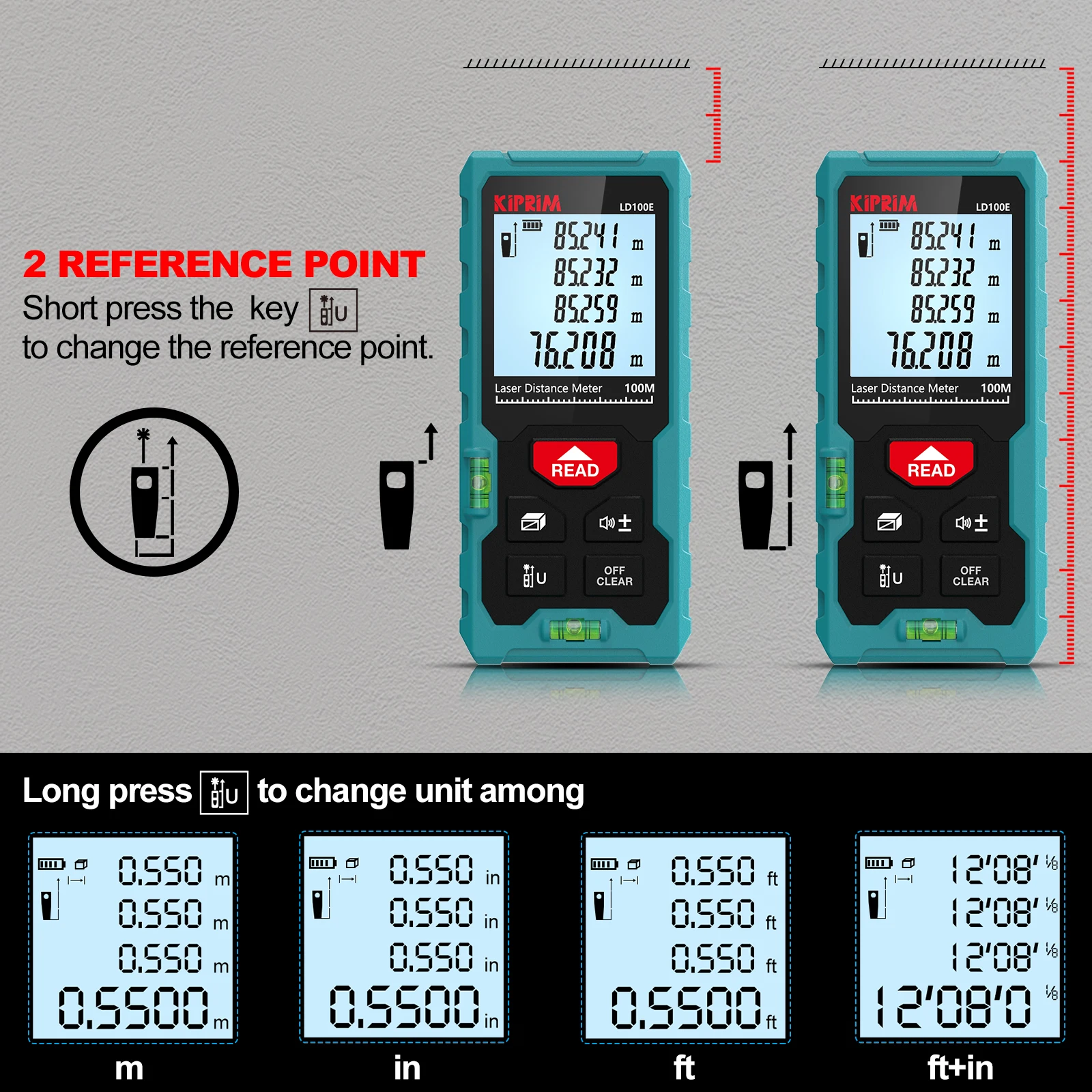 Kiprim Laser Rangefinder 50M 70M 100M Mini Laser Measurement Tool Laser Tape High Accuracy  Multiple Measurement Functions