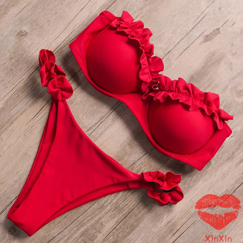 Bandeau ชุดว่ายน้ําบิกินี่ผู้หญิงชุดว่ายน้ําเซ็กซี่ทอง Ruffle ชุดบิกินี่ Push Up ชุดว่ายน้ําหญิงชุดว่ายน้ําเสือดาวบราซิล 2021