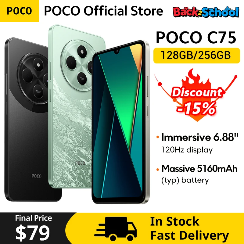 POCO C75 Smartphone Version mondiale 6.88 "120Hz Dot Drop Display Helio G81-Ultra 50MP caméra massive 5160mAh batterie NFC