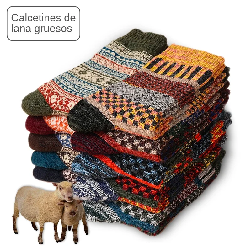 Marca HSS, 5 pares de calcetines de invierno para hombre, calcetines gruesos de lana de oveja, calcetines cálidos de estilo Retro para hombre, calcetines coloridos de moda para botas de nieve para hombre