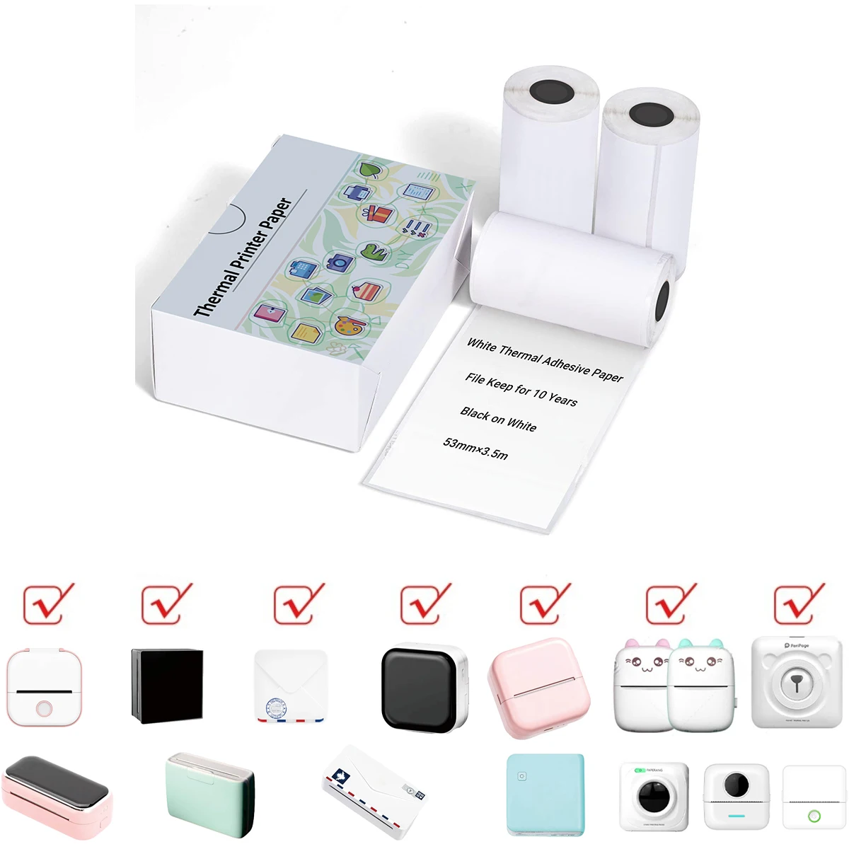 Самоклеящаяся термобумага T02 для мини-принтера наклеек M02/T02/M02 Pro/M02S/M03/M03AS/M04S/M04AS, черный на белом, 50 мм x 3,5 м