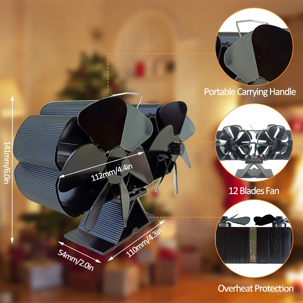 Fogão a lenha Calor Powered Dual Silent Motors 4 lâminas não elétricas lareira de calor ventilador com suporte e termômetro magnético