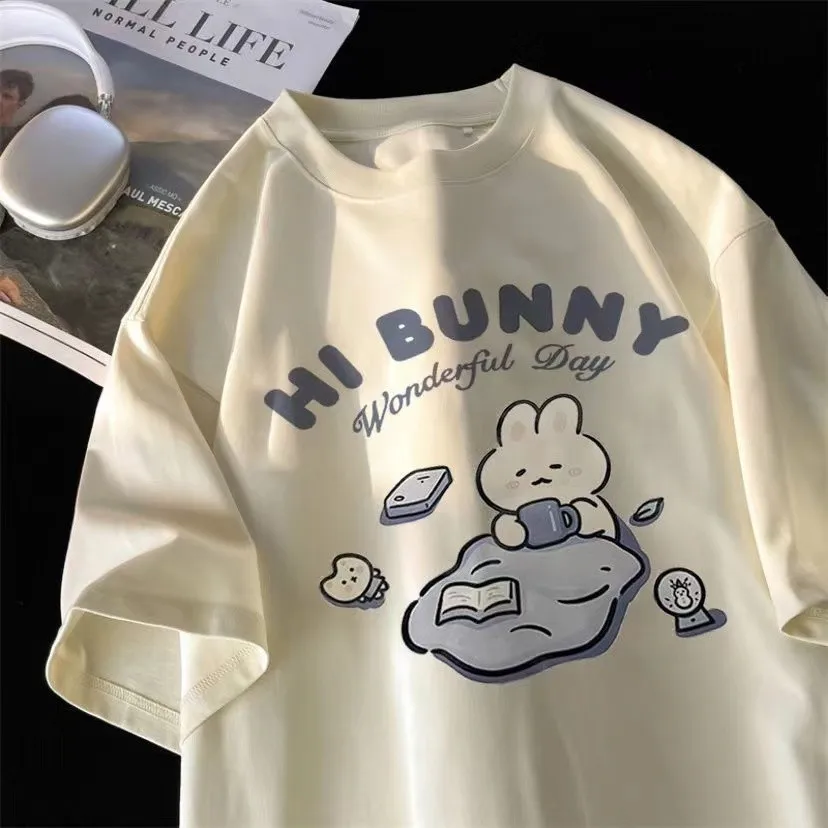 アメリカンレトロオーバーサイズ半袖Tシャツ女性用と日本のカレッジスタイル2024新入生爆発ストリートトップ