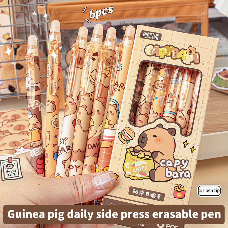 6 sztuk Kawaii Capybara zestaw długopisów żelowych czarny niebieski atrament szybkoschnący śliczne naciśnij długopisy żelowe estetyczne artykuły papiernicze szkolne materiały biurowe