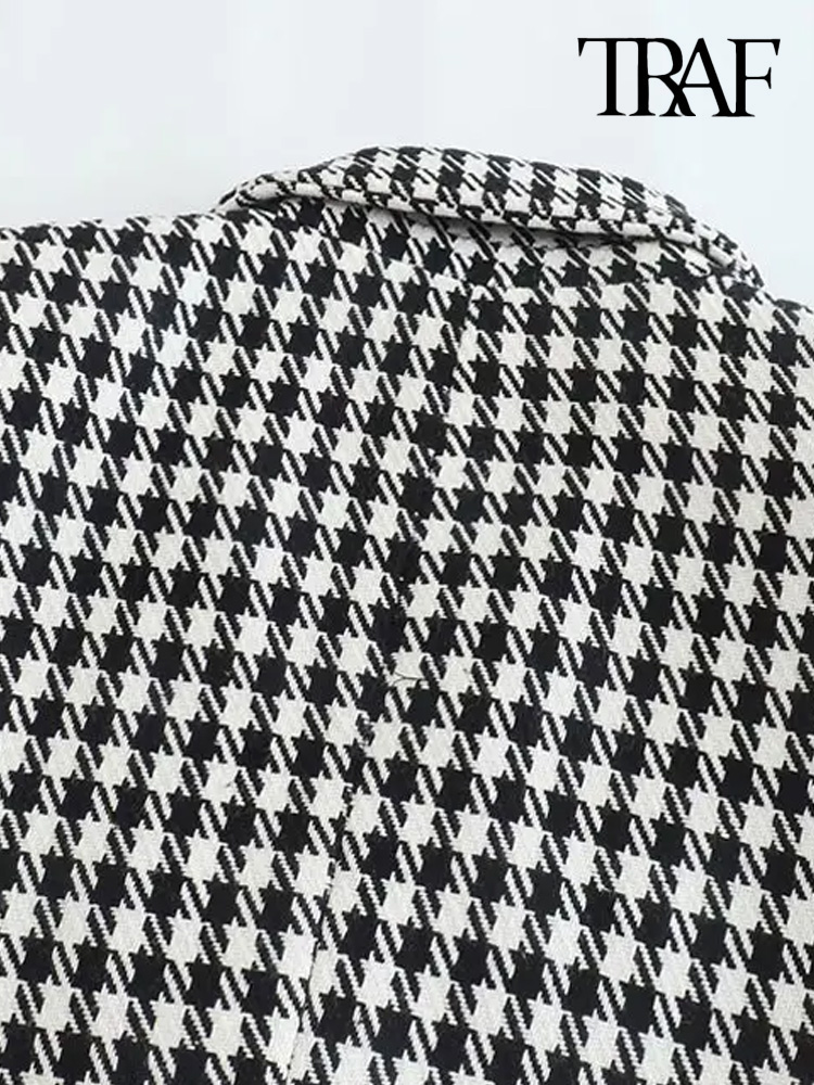 TRAF ผู้หญิงแฟชั่น Double Breasted Houndstooth Blazer Coat Vintage แขนยาวกระเป๋าหญิง Outerwear Chic Vestes