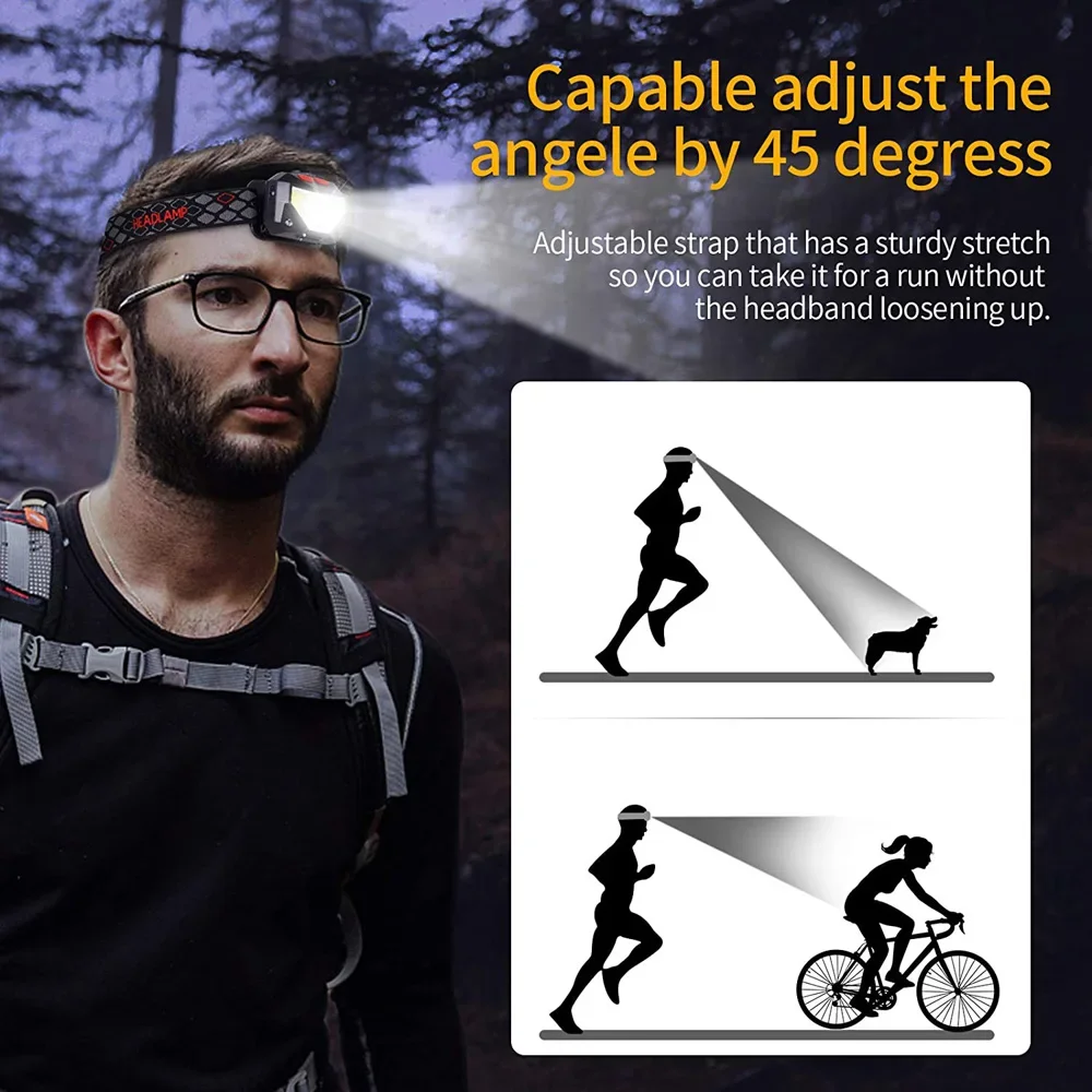 Linterna frontal LED XPE + COB con Sensor de movimiento, 6 modos, recargable por USB, resistente al agua, para acampar, correr, pescar