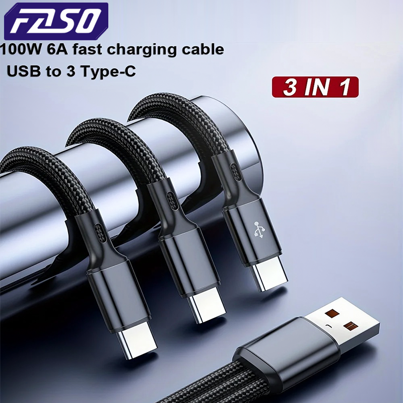 FASO 3 In 1 USB-A to 3 ×Type-C 100W 6A Fast Charging Data Cable For Samsung Galacy S24 Xiaomi Redmi Huawei USB C Data Transfer