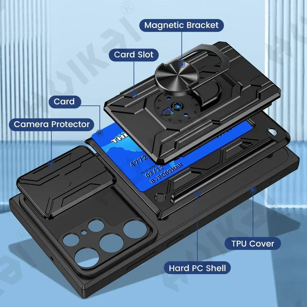 Чехол для Samsung Galaxy S25 S24 S23 S22 S21 Ultra Plus S20 FE A55 A35 A54 A14 4G 5G Slide Camera Card Holder 360 °   Крышка кольца