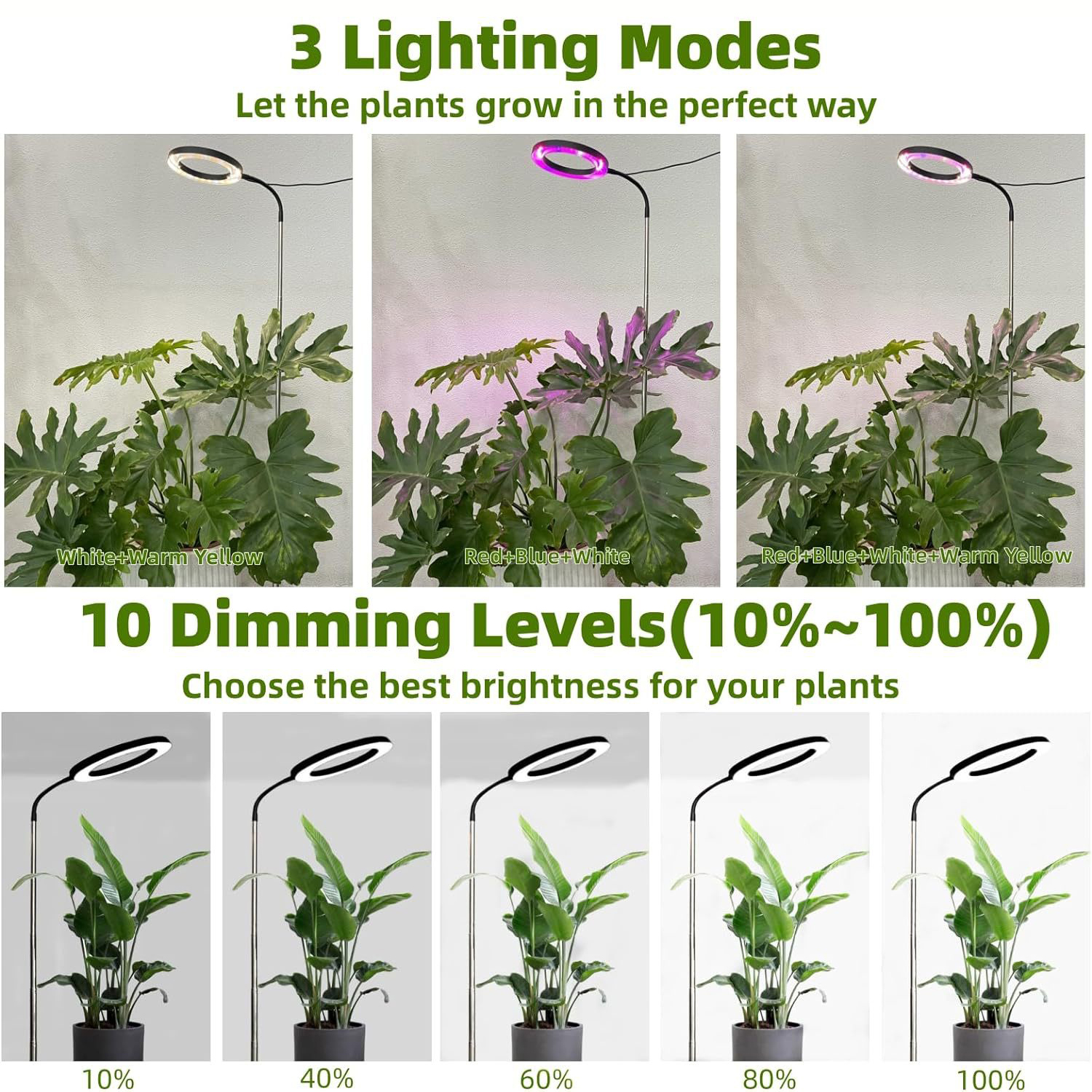 Full Spectrum 72 LEDs Grow Light for Indoor Plants Dimmable 3 Modes Timer Height Adjustable Gooseneck Halo Plant Grow Floor Lamp