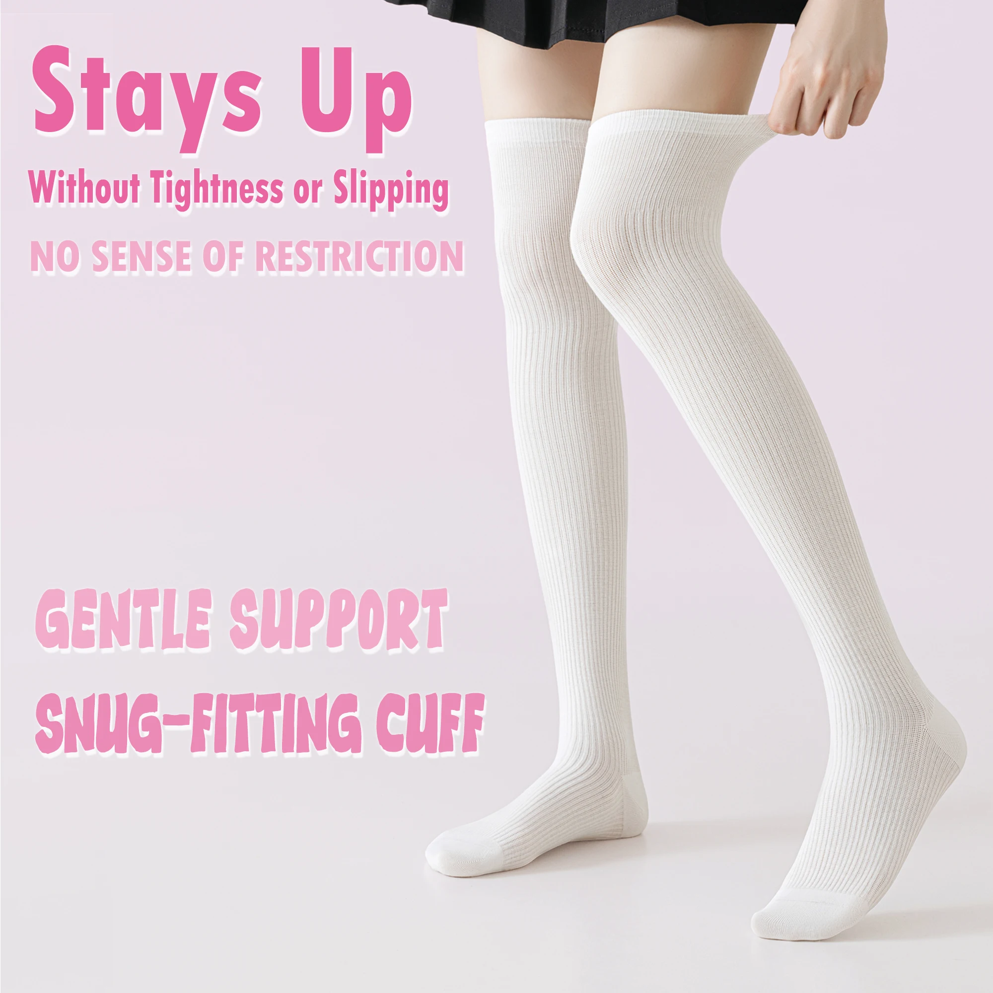 2 Pairs Women's Graduated Compression Thigh-High Socks, Comfort Ribbed Cuff and Stay-Up Fit for All-Day Support