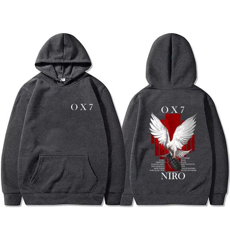 Sudadera con capucha gráfica de rapero Niro OX7 para hombre, moda hip-hop, sudadera con capucha de música pop, sudadera deportiva informal Vintage