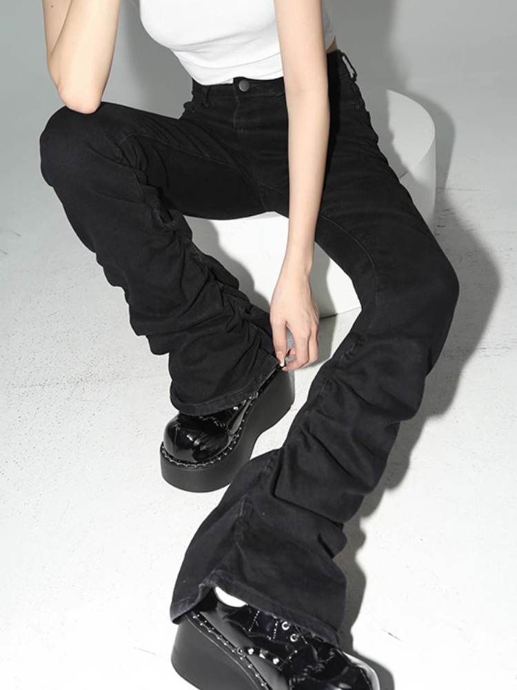 REDDACHiC 黒シャーリングフレアジーンズ女性ソリッドストレッチブーツカット積み重ねパンツ高層ズボン原宿ゴスグランジ Y2k 服