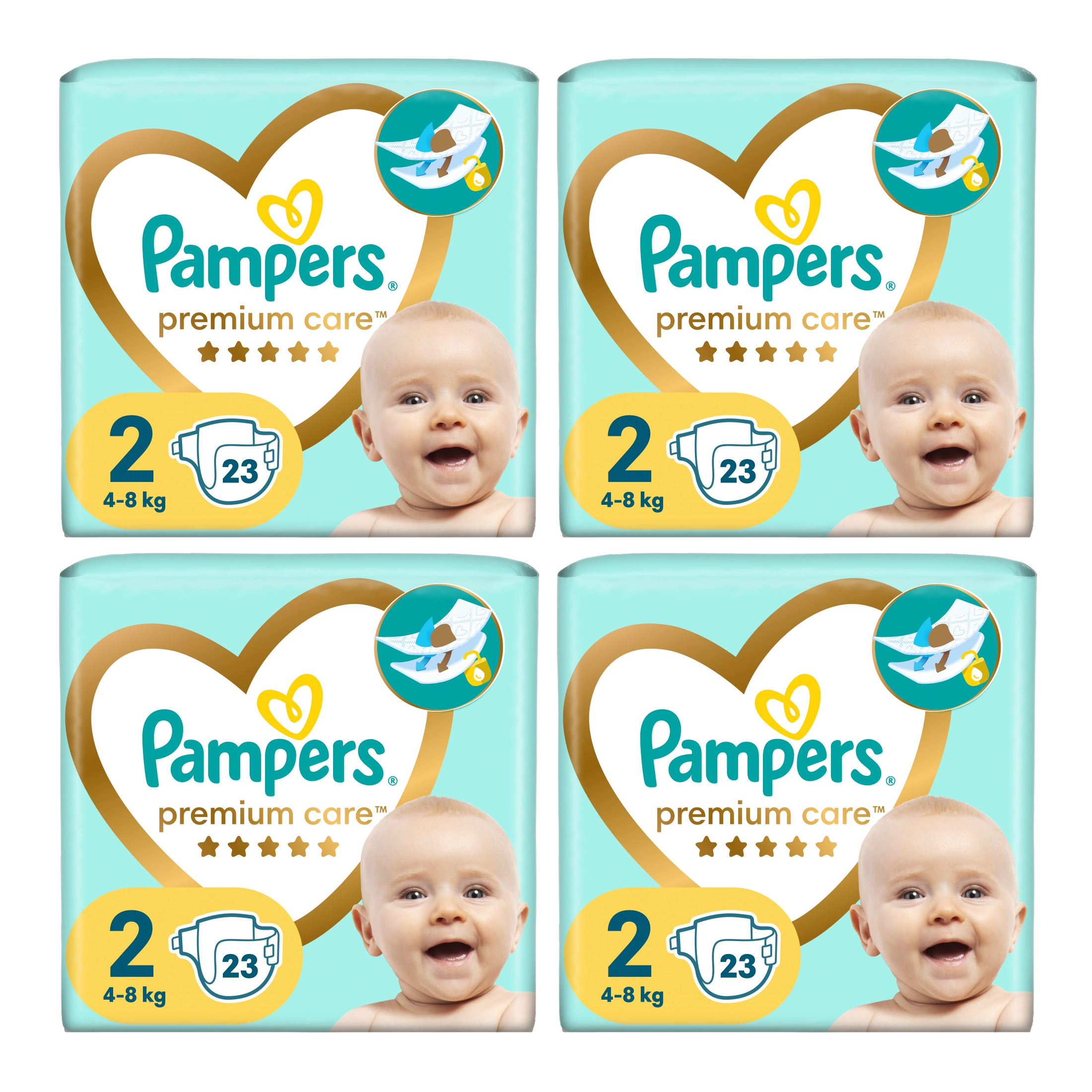 4x Pieluchy PAMPERS Premium Care roz 2 (4-8 kg) 23 szt