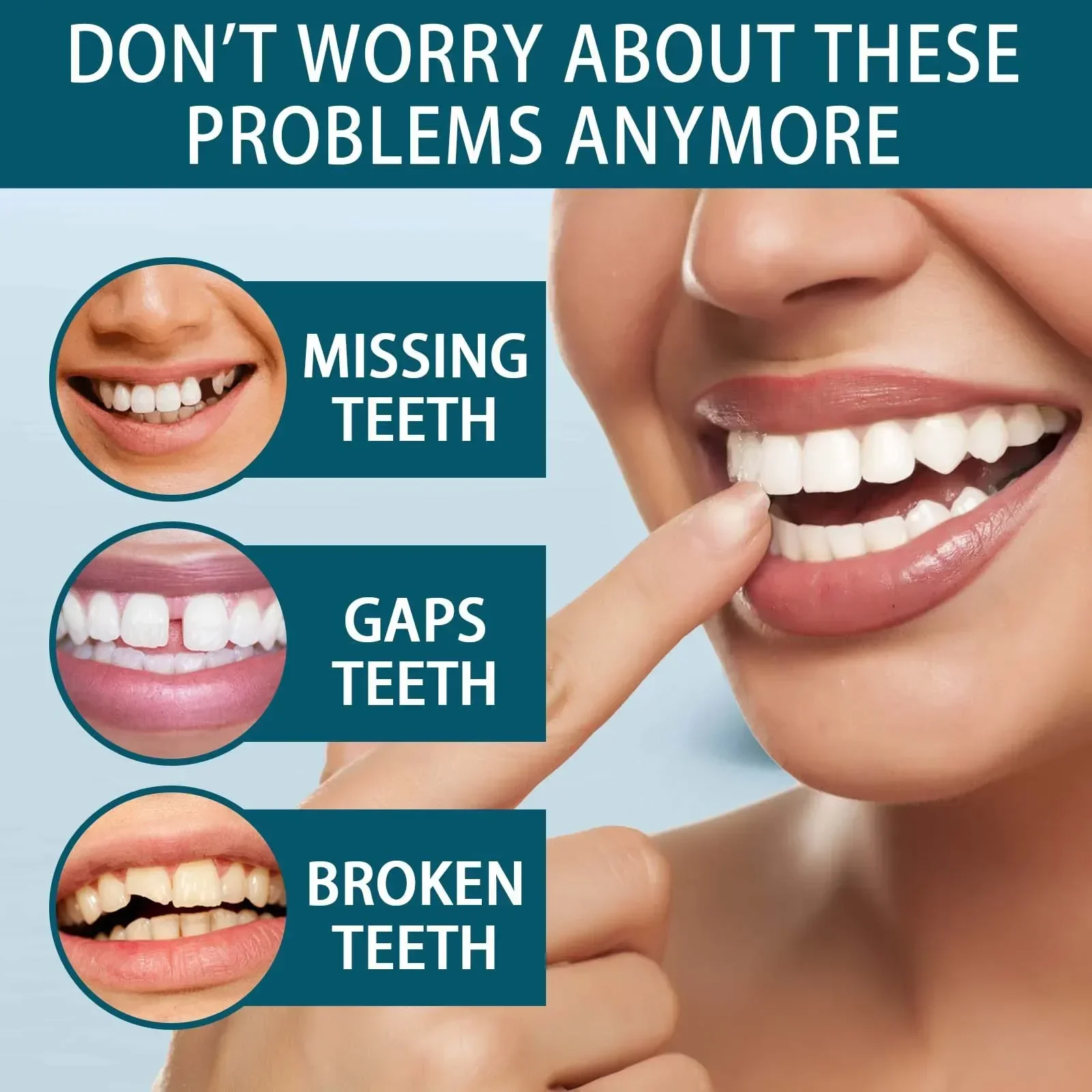 Juego de dientes ajustables, dentaduras postizas blanqueadoras, sonrisa perfecta temporal, dientes postizos, carillas dentales extraíbles superiores e inferiores, juego de dientes postizos