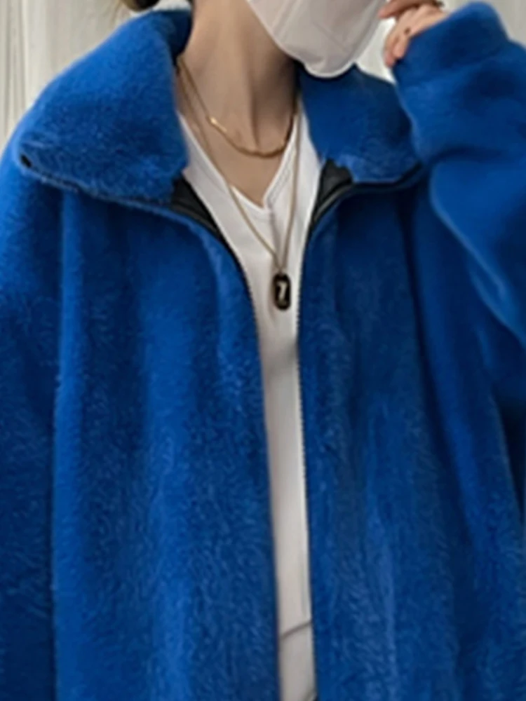 Lautaroฤดูหนาวยาวขนาดใหญ่สีฟ้าสีขาวสีดําหนาWarm Faux Fur Coatผู้หญิงZip Upรันเวย์Designerเกาหลีแฟชั่น 2022