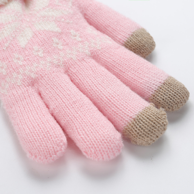 Rimiut grosso cashmere duas camadas luvas de inverno para mulheres floco de neve padrão de malha dedo cheio esqui & luva tela toque