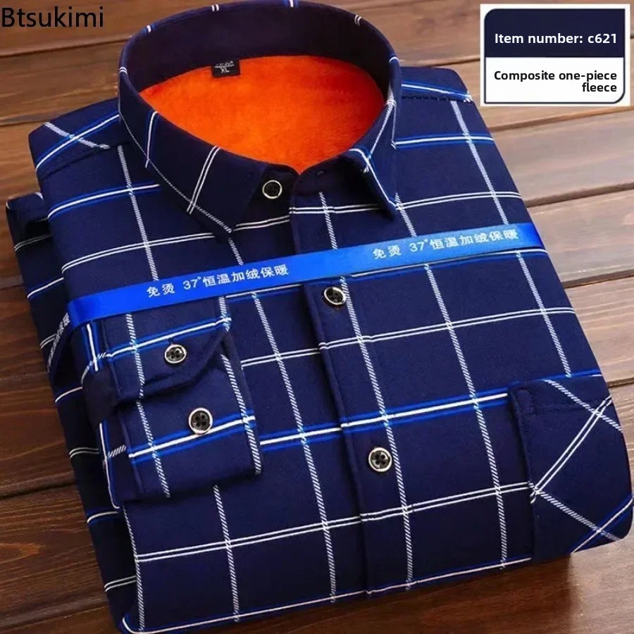 New 2025 Men's Long Sleeve Warm Plaid Shirt Autumn Winter Thick Fleece Casual Oversized Shirt Male Vintage Sweater Men Clothing