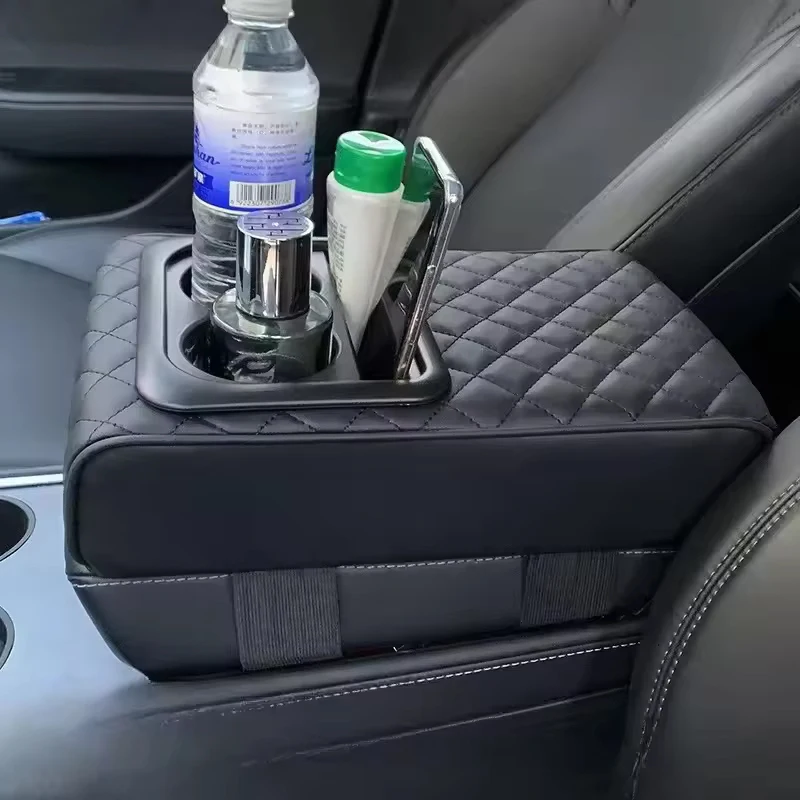 Auto Armsteunkussen middenconsole met 2-bekerhouder PU lederen armsteunkussen Draagbare auto Amrest kussensloop Hoogtekussen