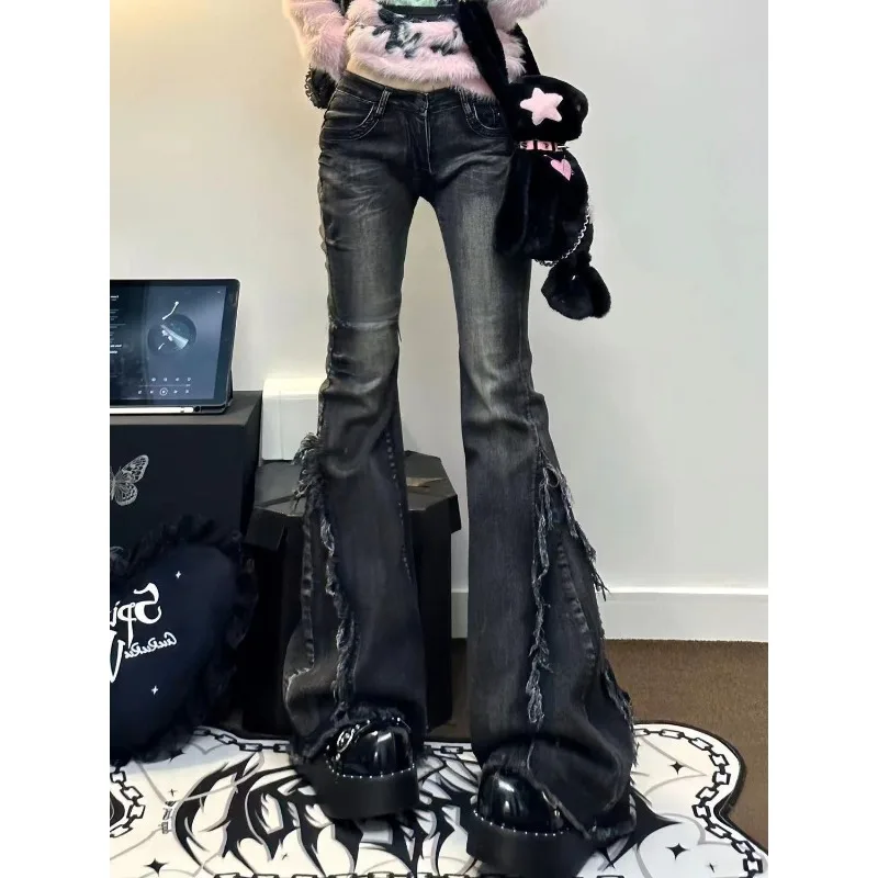 Retro-High-Street-Jeans mit Rüschen im amerikanischen Stil für Damen im Herbst, niedrige Taille, hochelastisch, schlankmachend, weites Bein, Mop-Hose