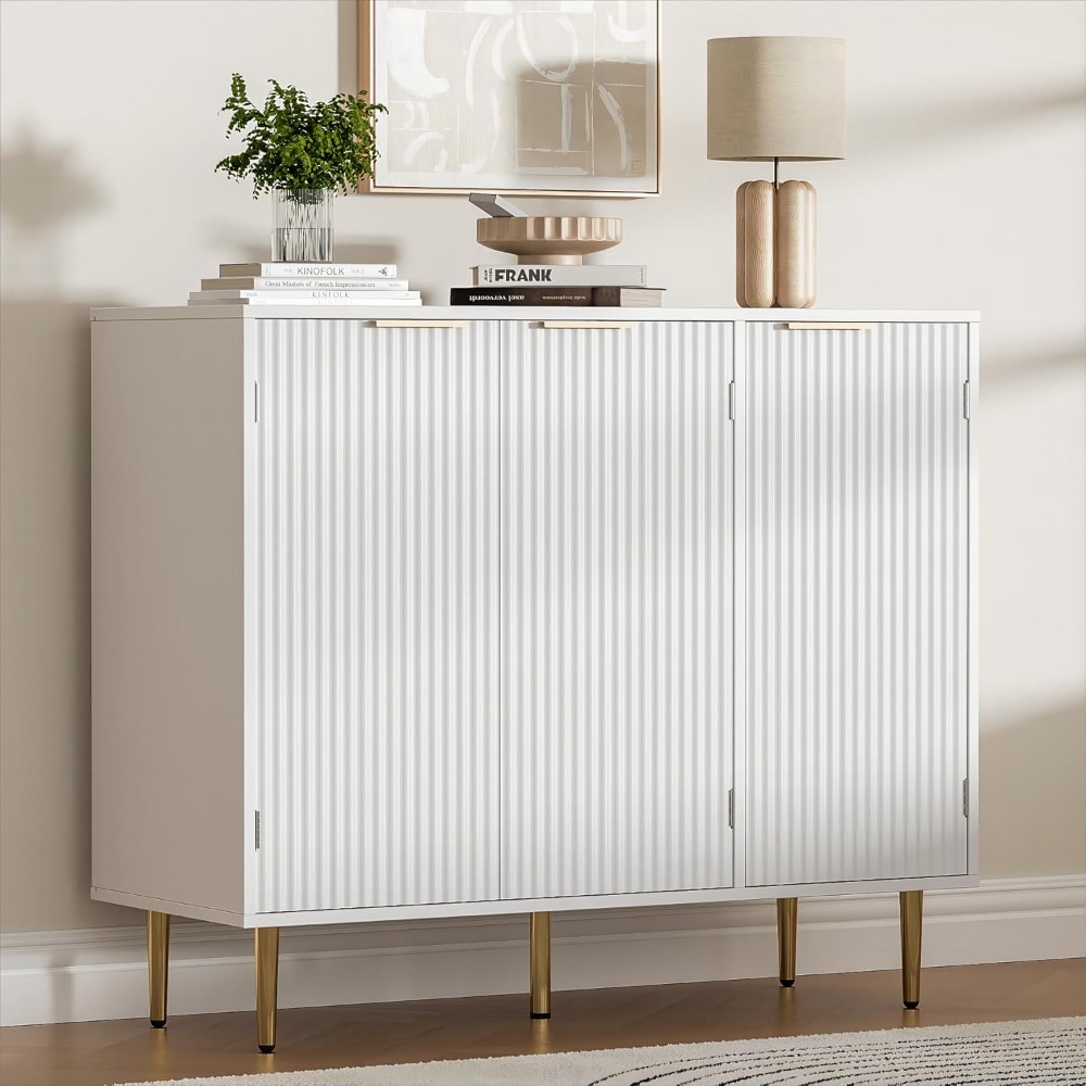 40" Buffet Sideboard Cabinet 3 Doors, Kitchen Storage Cabinet Golden Handles & Legs, Modern Accent Cabinet Adjustable Shelves