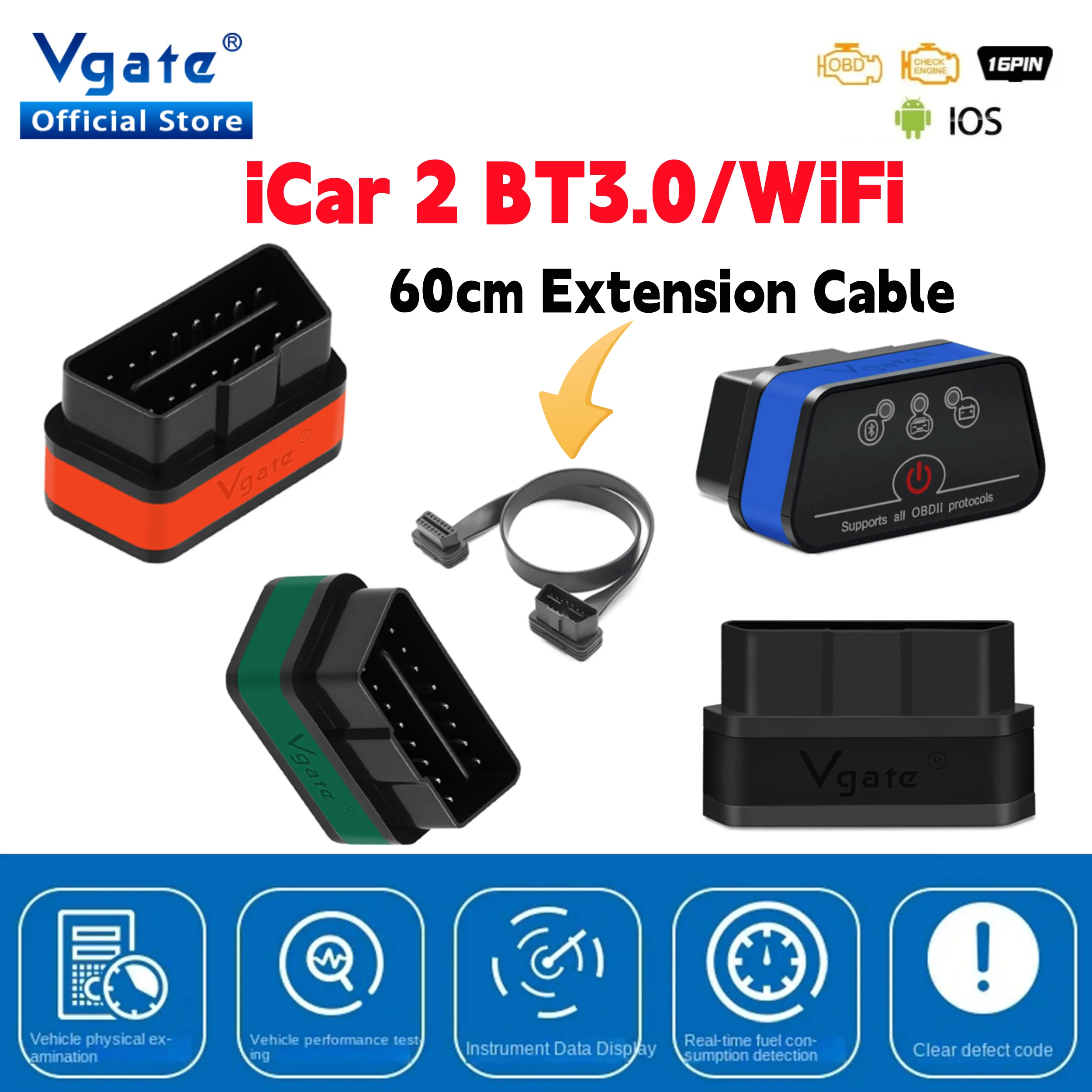 Vgate iCar2 Diagnóstico de carro OBD OBD2 ELM327 Wifi Scanner Ferramenta automática Cabo de extensão Bluetooth iCar 2 v2.2 leitor de código PK olmo V1 5