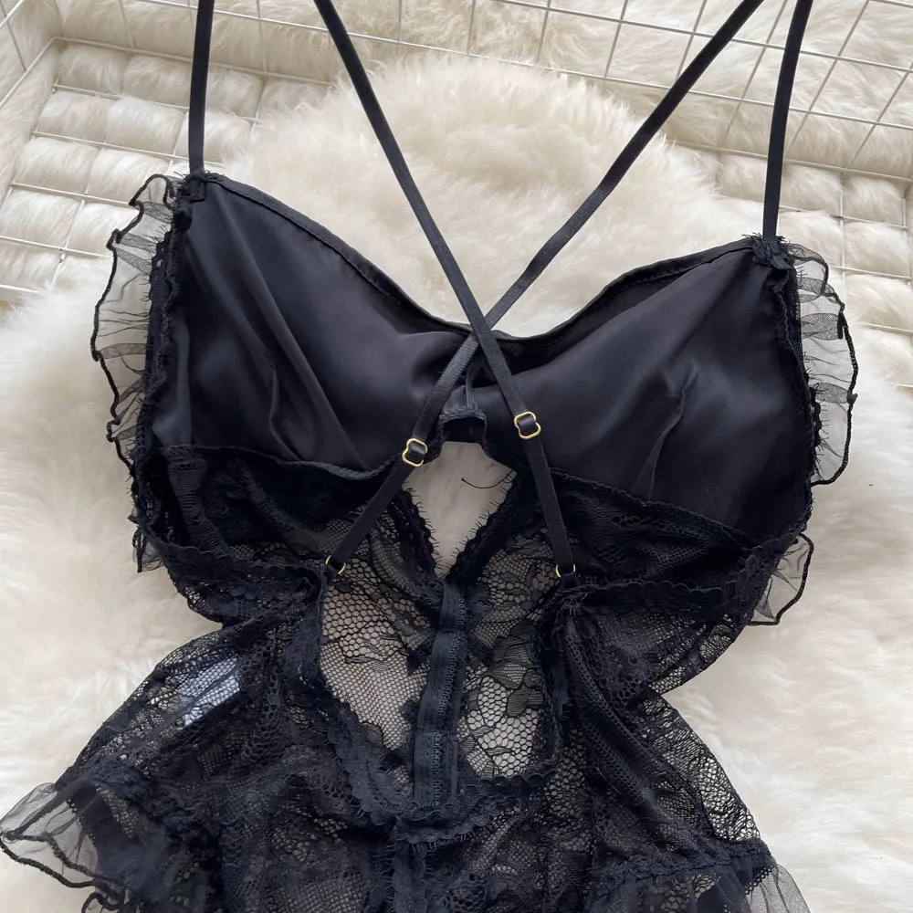 ชุดชั้นในเซ็กซี่ Camis Bodysuits ผู้หญิง Bow Hollow Out แฟชั่นเปิด crotch Slim Playsuit ฤดูร้อนนักร้องลูกไม้ Rompers ชุดชั้นในร้อน