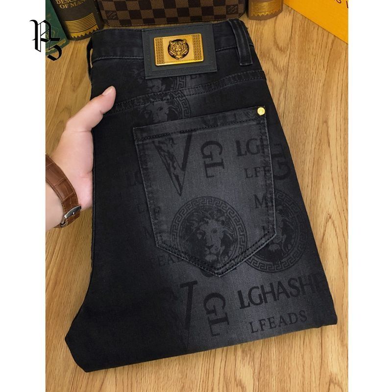 Весенне-осенние корейские узкие джинсы для мужчин, 2021, элитная роскошная одежда, черные эластичные повседневные брюки-карандаш со средней талией и принтом