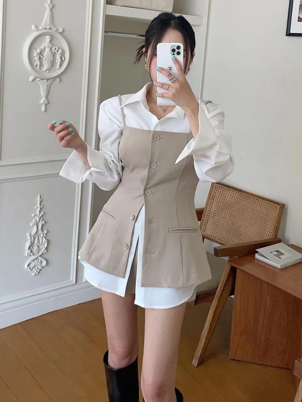 エレガントな通勤シャツとスーツベストセット女性のための綿 100% フォーマルウェアファッショナブルで品質を保証レディースシャツ