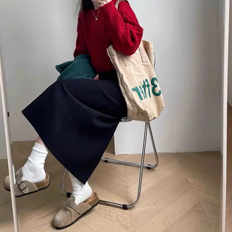 봄 새로운 회색 높은 허리 a 라인 스커트 정장 다시 분할 여성 긴 스커트 통근 스타일 폴리 에스터 섬유 순수한 색상