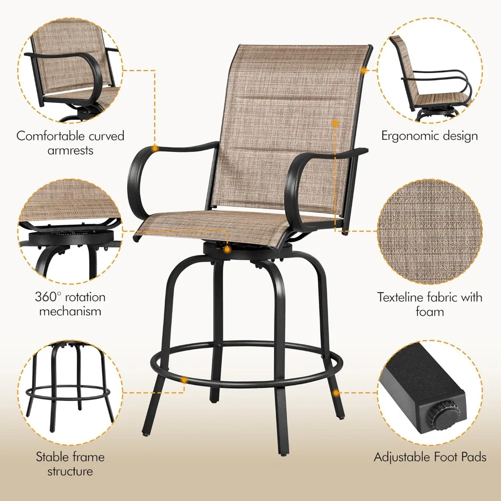 2 Piece Patio Swivel Bar Stools Texteline Bistro Chairs with High Back/Armrest/Footrest, All Weather Padded Seating Outdoor Fur