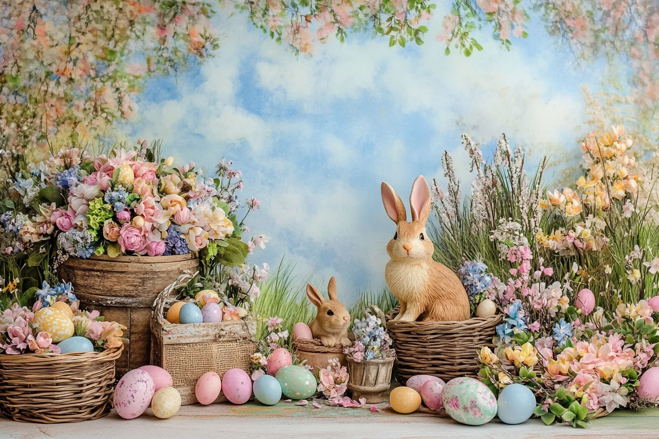 Happy Easter Backdrops Photography Banner Decorations Bunny Grassland Rustic Wood Background Eggs Banner for Jesus Easter Spring