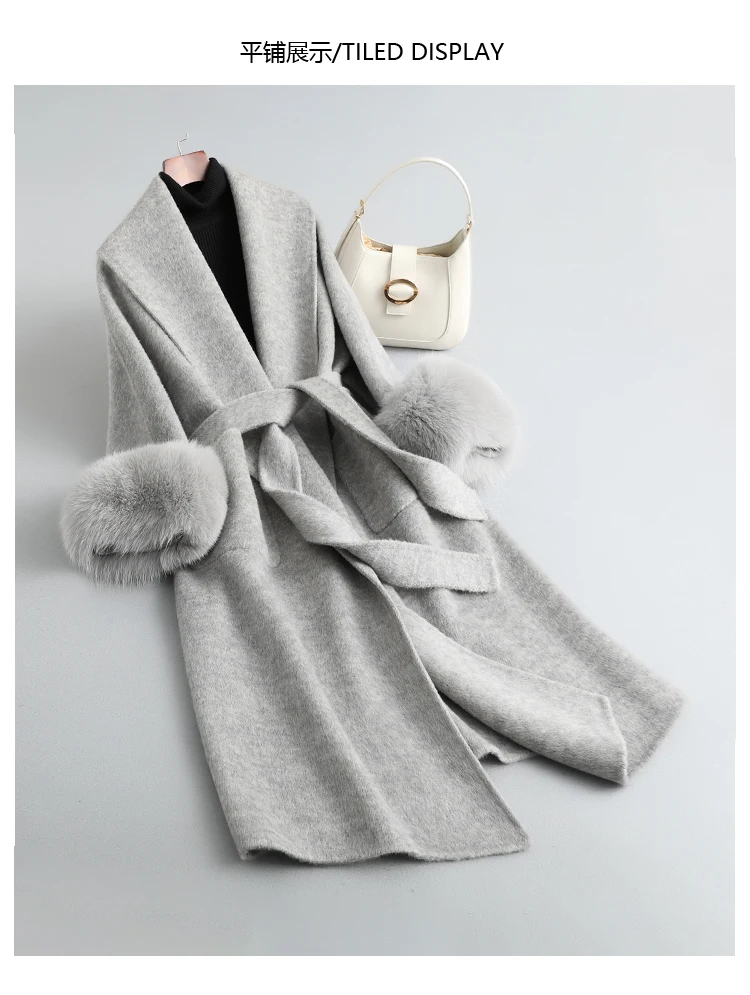 女性用ダブルフェイスウールコート,ロングウェア,キツネの毛皮のカフ付き,エレガントな服,ファッショナブルなジャケット,新しい2023